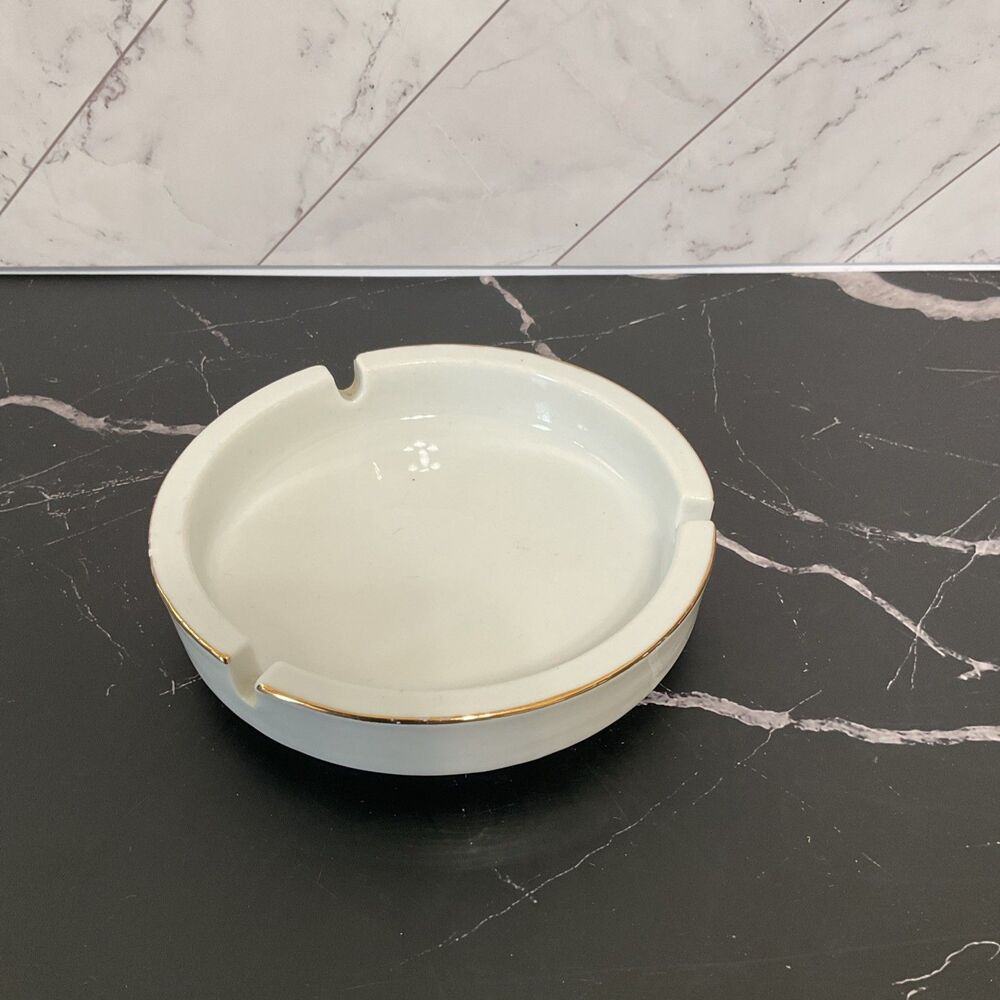 Gold Rim White Porcelain by Ultima Ash Tray.4.5” Diameter,1” Height